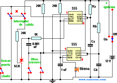 Alarma para auto con dos circuitos integrados 555 - Electr&oacute;nica Unicrom