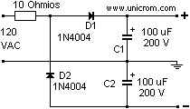 Duplicador / doblador de voltaje de onda completa  con salida positiva y negativa  -  Electr�nica Unicrom