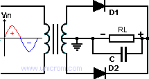 Rectificador de onda completa con transformador de derivaci�n central y filtro por condensador  -  Electr�nica Unicrom