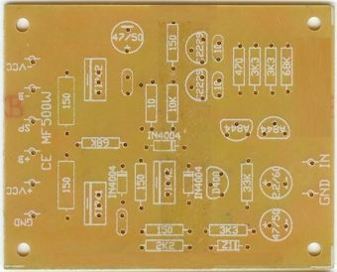 Circuito impreso (lado componentes) del amplificador est&eacute;reo de 400 watts - Electr&oacute;nica Unicrom